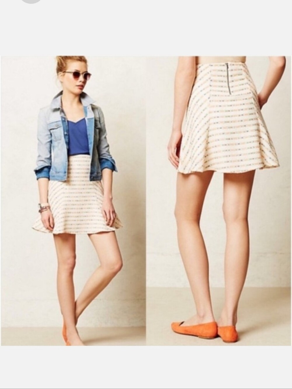 Maeve by Anthrologie Lucaya Cream Neon Striped Tweed Skater A-Line Skirt - Sz 6